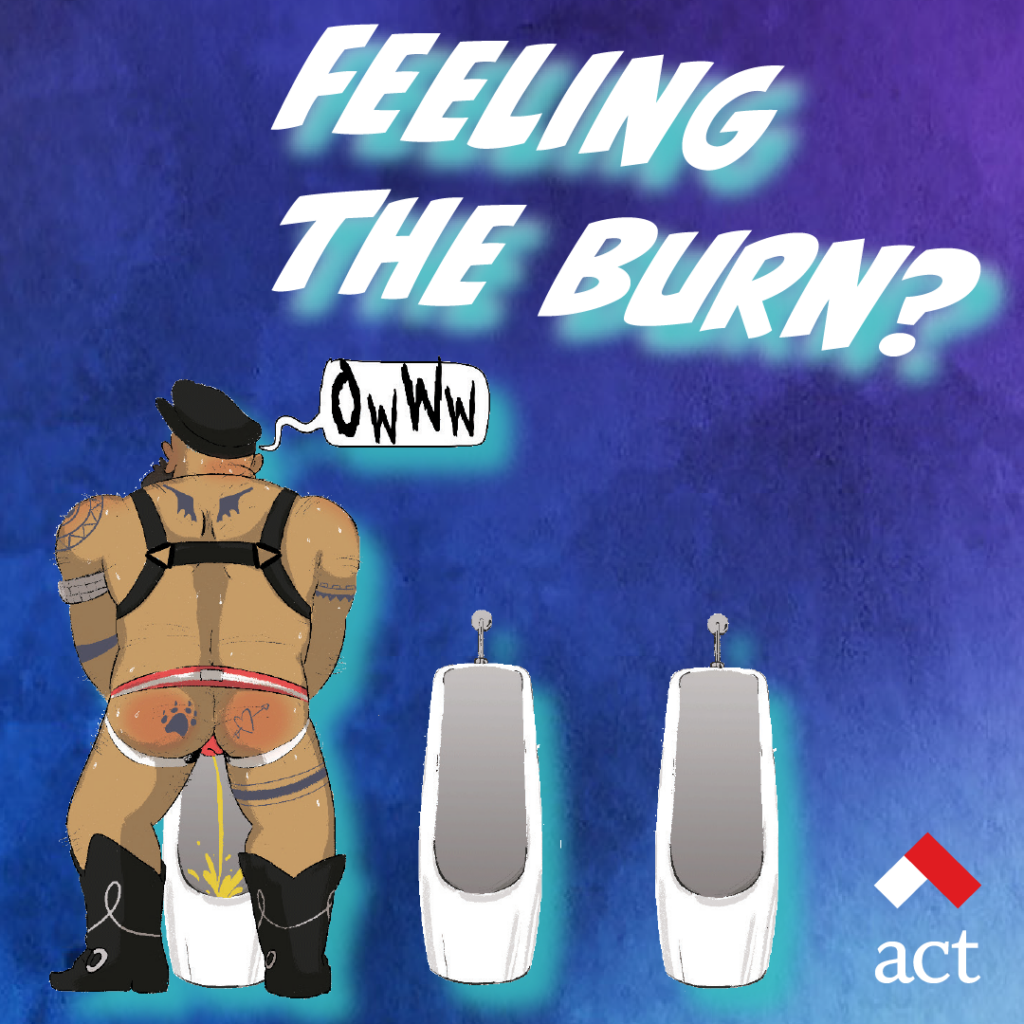 A cartoon of a man urinating in a urinal. "Feeling the burn?" is written across the top