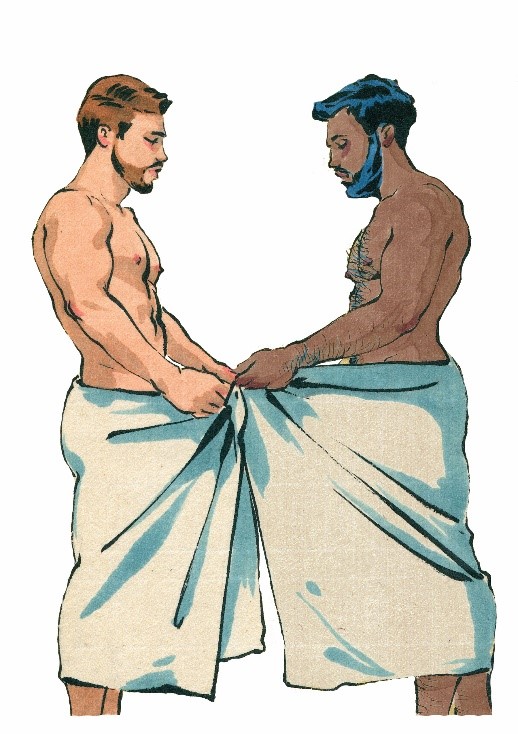 a cartoon drawing of two men, wrapped in towels, standing together holding their towels open